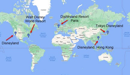 map of Disney theme parks globally